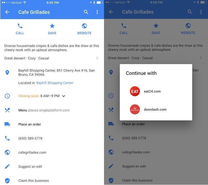Google Maps for iOS updated with option to order from food delivery services