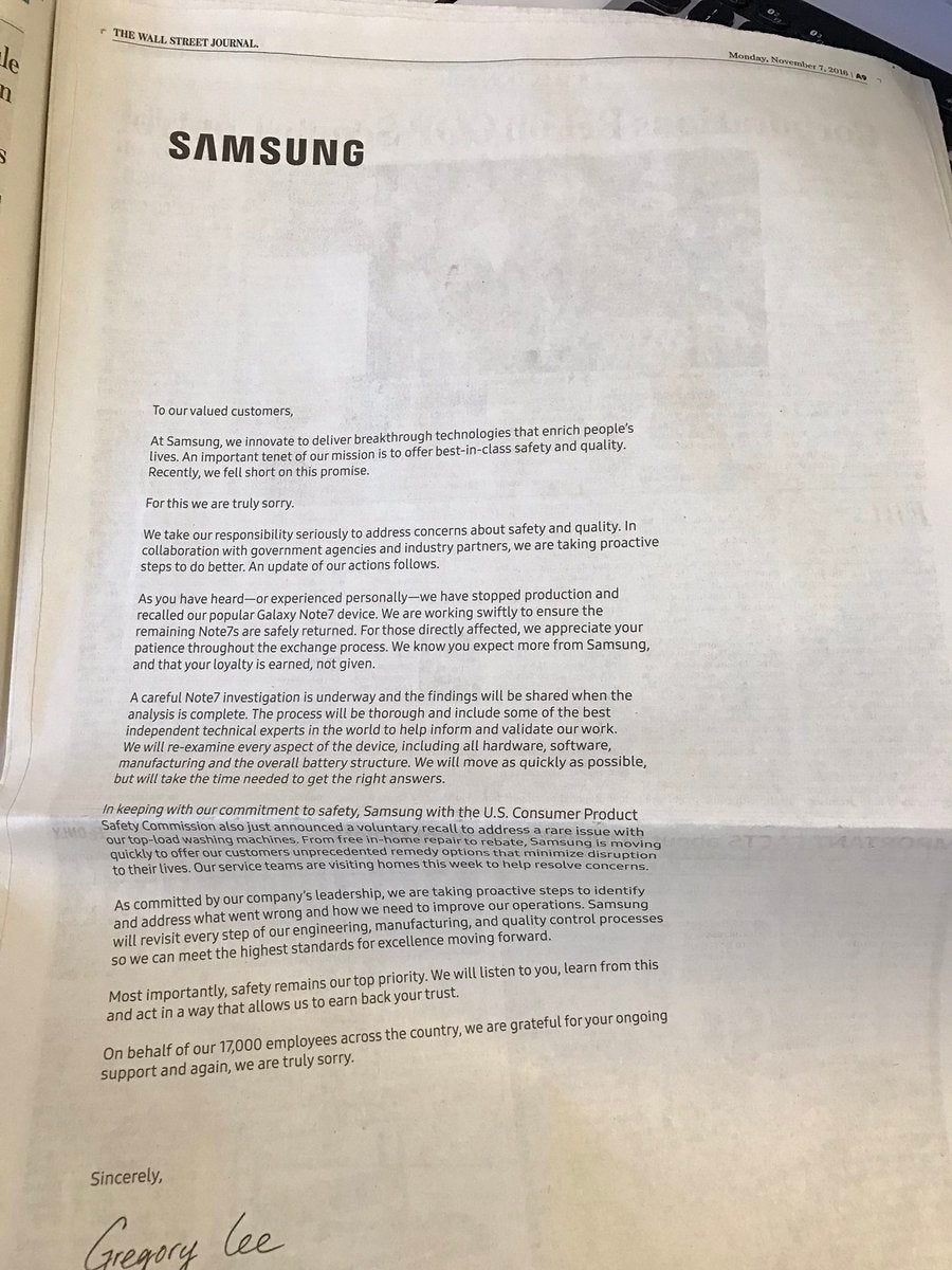 Samsung apologizes for the Galaxy Note 7 in full-page newspaper ads