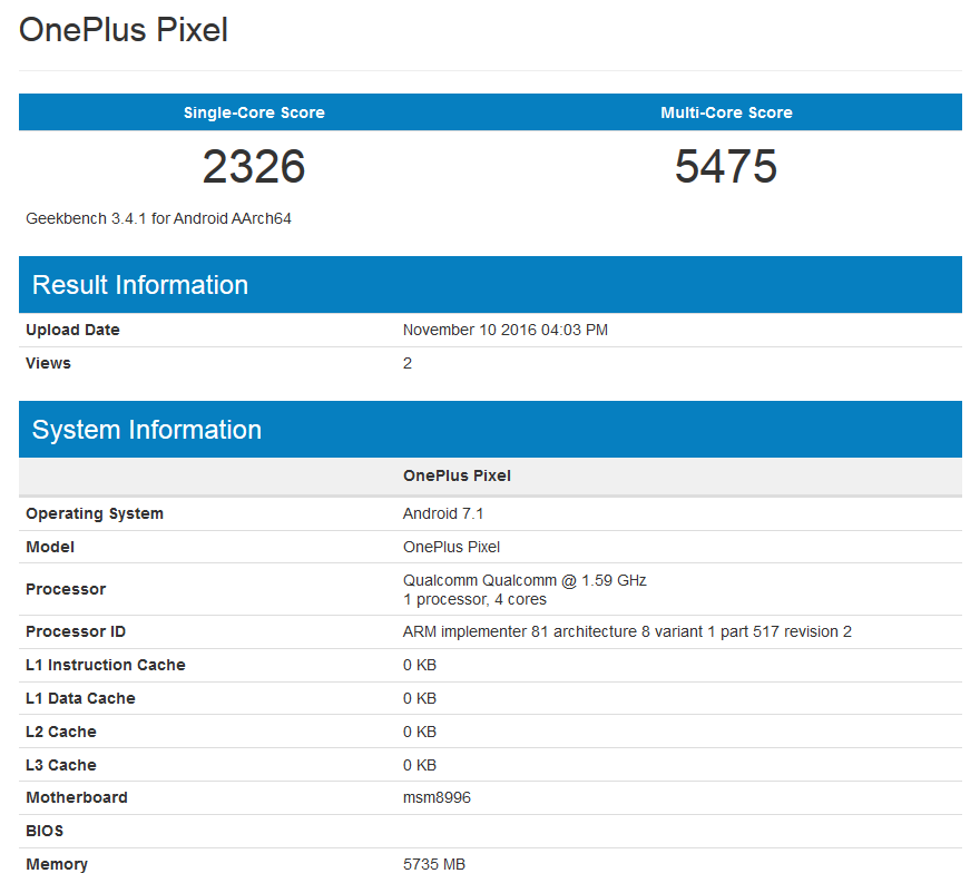 OnePlus Pixel appears on Geekbench - OnePlus Pixel spotted on Geekbench