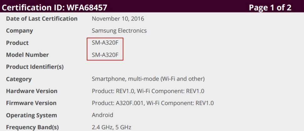 The Samsung Galaxy A3 (2017) receives its Wi-Fi certification - Samsung Galaxy A3 (2017) receives its Wi-Fi certification