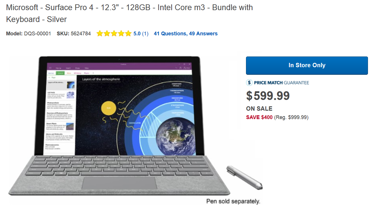 Best Buy is offering a 40% savings on a Surface Pro 4 with the Intel Core m3, bundled with a free Type Cover - Best Buy prices Intel Core m3 powered Surface Pro 4 bundle for only $599 (40% off)