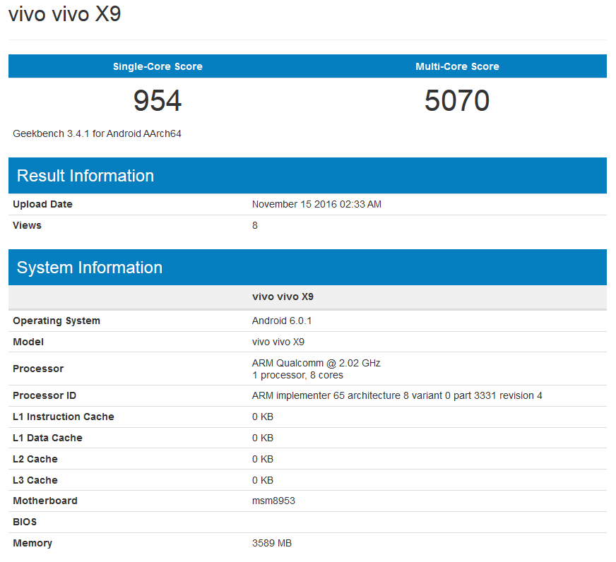 The Vivo X9 surfaces on Geekbench - Just days before unveiling, the Vivo X9 appears on Geekbench