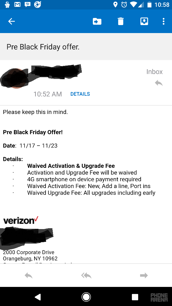 Leaked screenshot reveals a pre-Black Friday deal at Verizon - Verizon's pre Black Friday deal: Activation, Upgrade fees are waived from November 17th to the 23rd