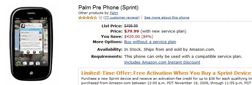 Palm Pre drops to $79.99 at Amazon; $36 activation fee waived