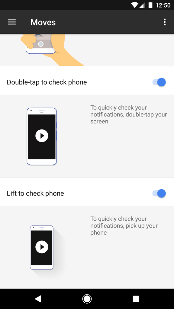 The new gestures are available under the Moves section - Google Pixel owners in Canada receiving Preview update with new feature