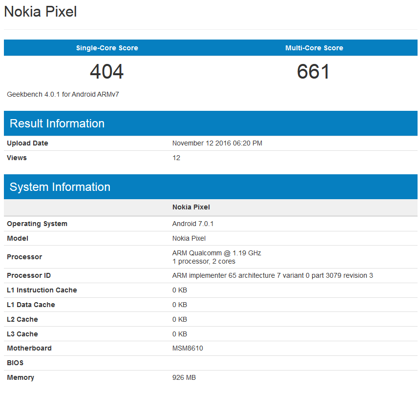 The Nokia Pixel appears on Geekbench - Nokia's new Android powered entry-level handset turns up on Geekbench powered by Android 7.0.1