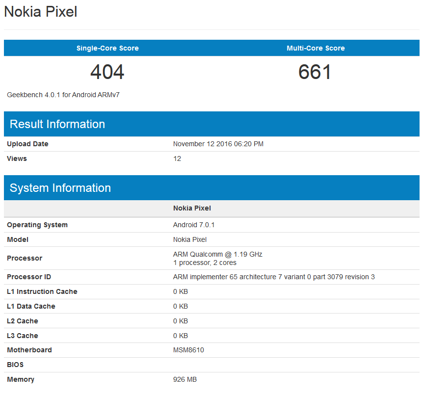 The Nokia Pixel appears on Geekbench - Nokia&#039;s new Android powered entry-level handset turns up on Geekbench powered by Android 7.0.1