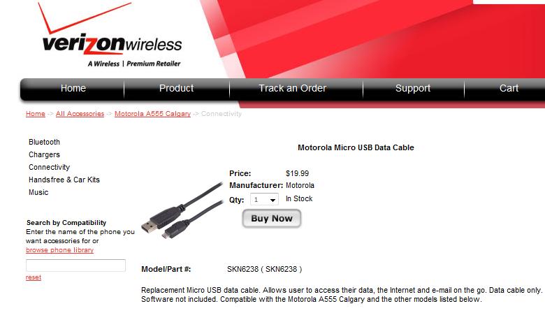 Accessories for Motorola Calgary handset listed on Verizon web site
