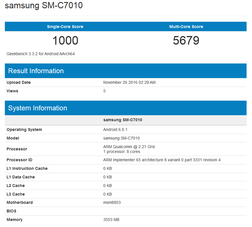 Samsung Galaxy C7 Pro is run through the Geekbench benchmark test