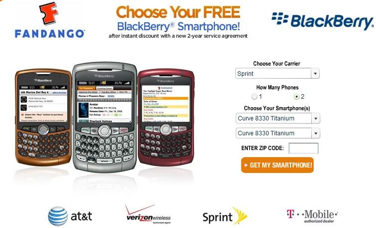 Free BlackBerrys offered by Fandango for all four top U.S. carriers