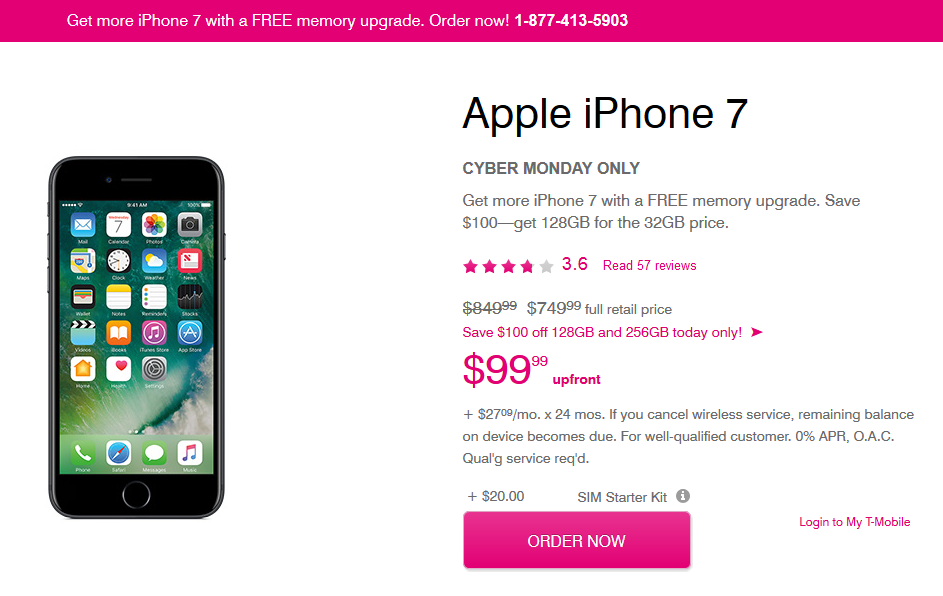 or Cyber Monday, get a free iPhone 7 memory upgrade from T-Mobile - Save $100 today! T-Mobile is offering a free Apple iPhone 7 memory upgrade for Cyber Monday