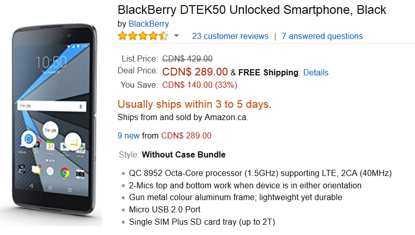 Amazon Canada has the BlackBerry DTEK50 on sale - BlackBerry DTEK50 gets a home town discount from Amazon Canada