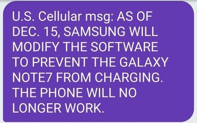 U.S. Cellular subscriber claims to have had this pop up on his Galaxy Note 7 screen - Samsung Galaxy Note 7 to lose all charging capabilities in the U.S. on December 15th?