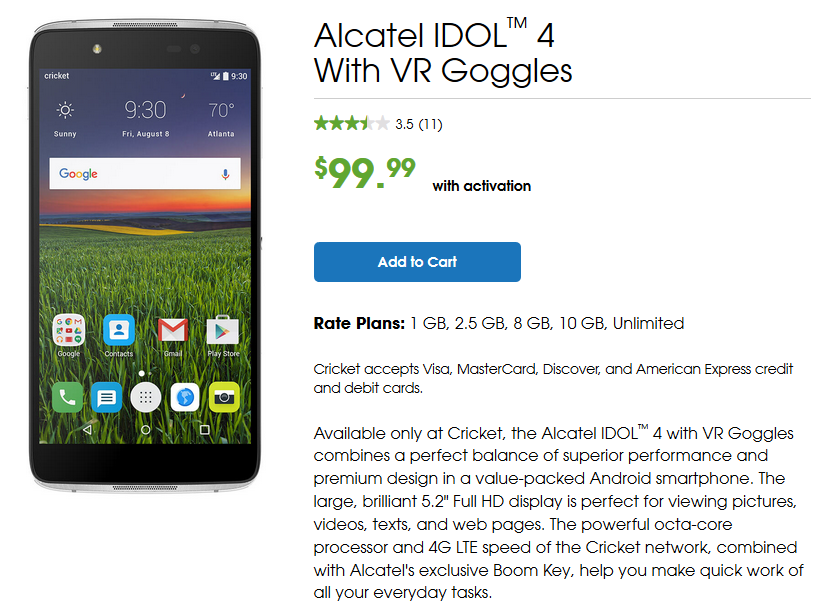 The Alcatel Idol 4 plus VR Goggles is only $99.99 from Cricket - Alcatel Idol 4 with VR Goggles now on sale for just $99.99 from Cricket