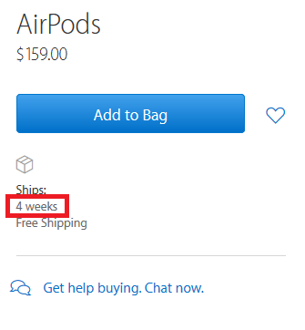 AirPods now ship in 4 weeks - Apple AirPods now ship in 4 weeks; get them before Xmas from eBay for as much as $2K