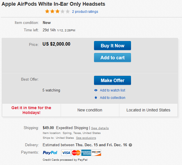 Need the AirPods now? It will cost you as much as $2K on eBay - Apple AirPods now ship in 4 weeks; get them before Xmas from eBay for as much as $2K