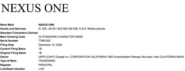 Google files trademark application for Nexus One