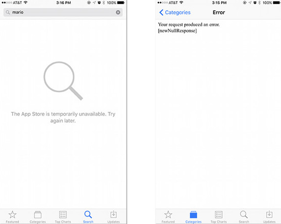 Two examples of App Store errors brought on by heavy demand for Super Mario Run - Super Mario Run breaks the App Store; service is down for some users