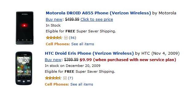 Amazon offers DROID and DROID ERIS for less than Verizon's BOGO deal