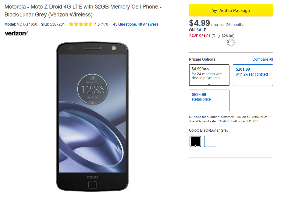 The Moto Z Droid is just $4.99 a month for 24 months at Best Buy - Buy the Motorola Moto Z Droid from Best Buy for only $4.99 a month