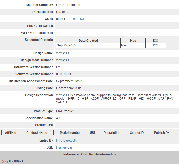 An unknown HTC handset, perhaps the HTC One A10, receives its Bluetooth certification - Mid range HTC One X10 appears to have received its Bluetooth certification