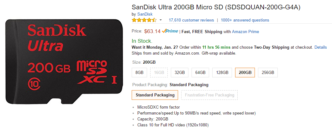 Buy a SanDisk 200GB microSD card for $63 from Amazon; deal runs today only - Buy a 200GB SanDisk microSD card from Amazon for $63; deal runs today only
