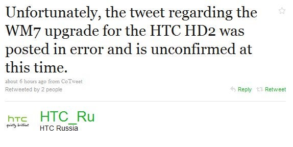 HTC pulls tweets regarding WM 7 update for the HD2
