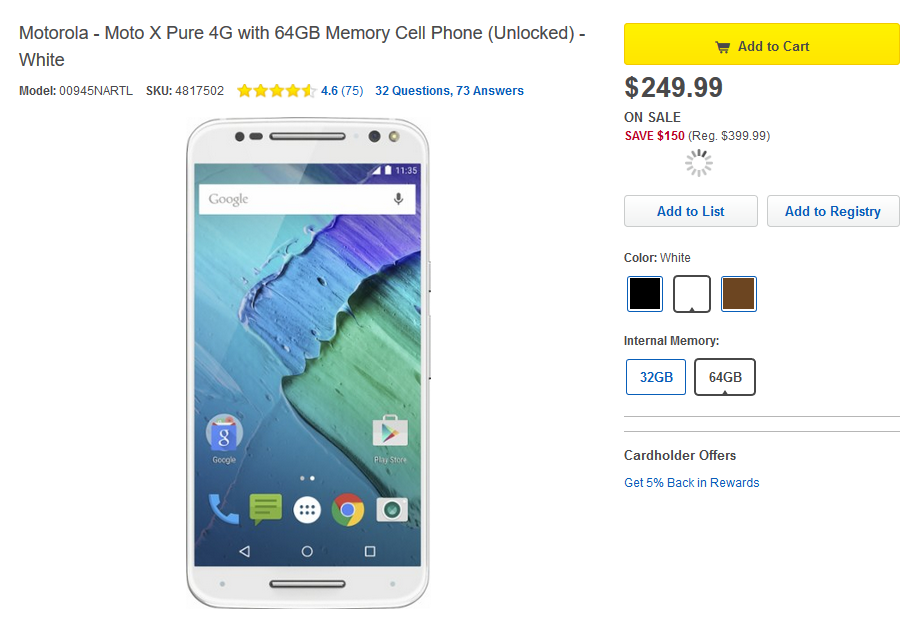 Save 38% on the unlocked 64GB Moto X Pure at Best Buy - Buy the Unlocked 64GB Moto X Pure at Best Buy for $249.99 and save 38%