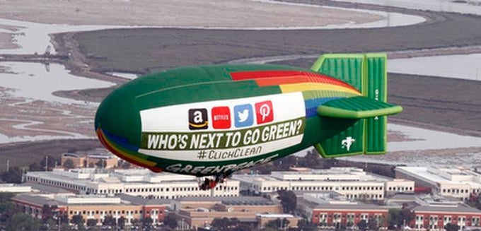 Greenpeace flew a blimp over Silicone Valley to urge tech companies to go green in 2014. (Photo courtesy of Greenpeace) - Greenpeace ranks the greenest tech companies: Apple, Facebook and Google lead the charge