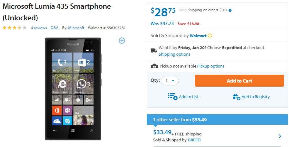 Deal: Walmart is selling the Microsoft Lumia 435 for just $28.75