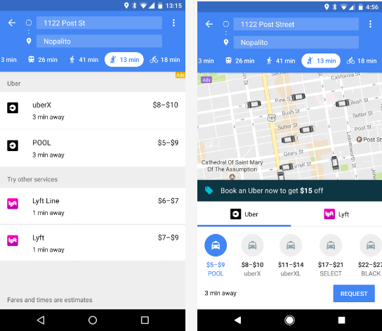 Allow Google Maps to arrange a ride from companies like Uber or Lyft - Arrange an Uber or Lyft ride from inside Google Maps
