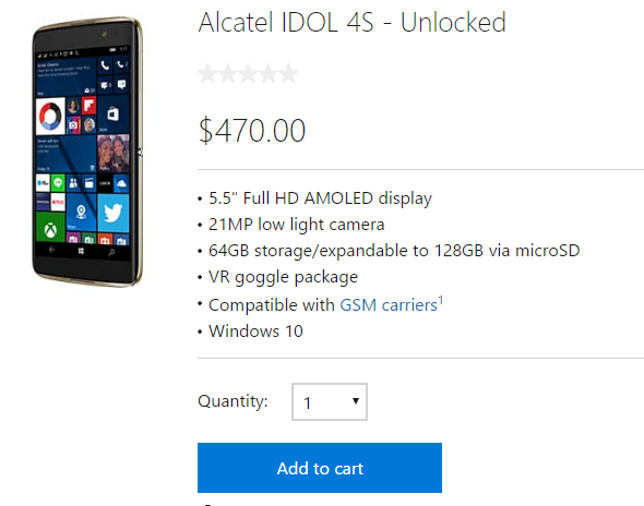 The unlocked Windows 10 Mobile version of the Alcatel Idol 4s is now available from the Microsoft Store - Unlocked Windows 10 Mobile version of Alcatel Idol 4S available from the Microsoft Store