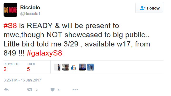 Tipster @Ricciolo1 tweets the rumored date of the Galaxy S8's unveiling, launch, and the price - Samsung Galaxy S8 to be unveiled March 29th and launched late April priced at $849 and up?