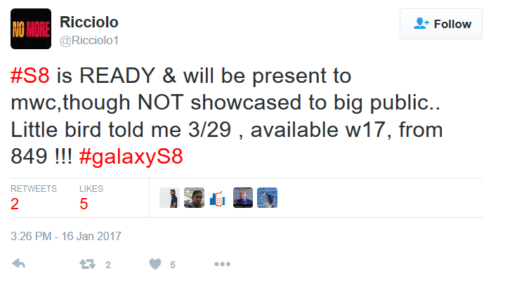 Tipster @Ricciolo1 tweets the rumored date of the Galaxy S8&#039;s unveiling, launch, and the price - Samsung Galaxy S8 to be unveiled March 29th and launched late April priced at $849 and up?