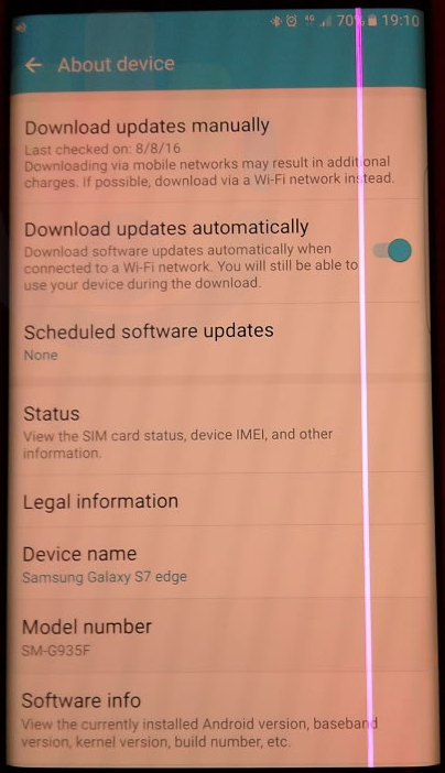 Some Samsung Galaxy S7 edge units are experiencing a problem with a pink line running down the screen - Samsung Benelux to honor warranty on Galaxy S7 edge units with a pink line on the screen