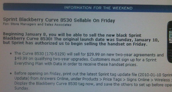 RadioShack starting to offer the BlackBerry 8530 for Sprint?