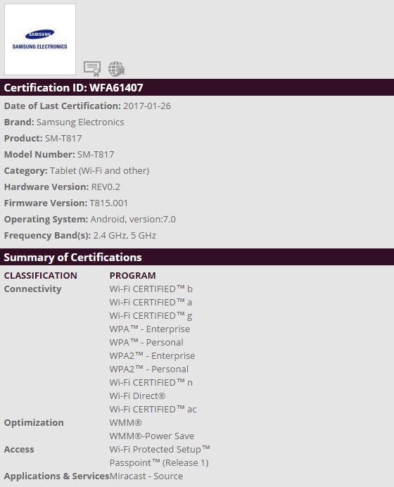 Samsung Galaxy Tab S2 Wi-Fi certification - Samsung Galaxy Tab S2 could receive Android 7.0 Nougat update very soon