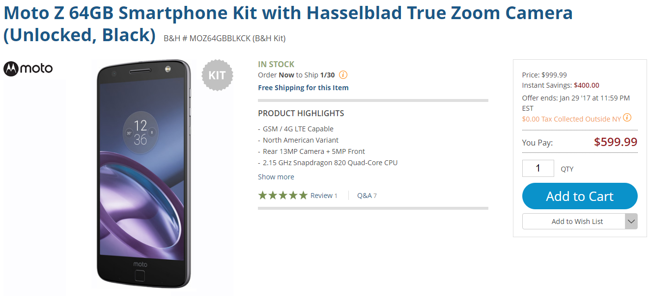 Buy the 64GB unlocked Moto Z and the Hasselblad True Zoom Moto Mod for $599 - B&H bundle deal takes $400 off the purchase of a Hasselblad True Zoom and the unlocked Moto Z bundle