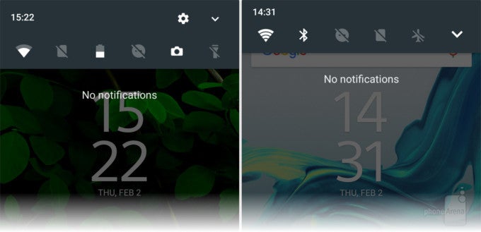 The Concept software (left) adds a sixth toggle button on a single slide of the notifications shade - A look at Sony's Concept for Android: features, differences, and advantages
