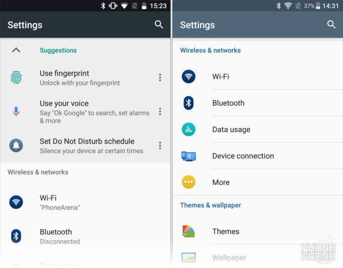 Sony&#039;s Concept software (left) displays suggestions when you go to Settings - A look at Sony&#039;s Concept for Android: features, differences, and advantages