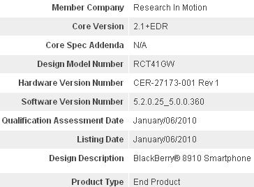Bluetooth certification hints to a BlackBerry 8900 successor - the 8910?