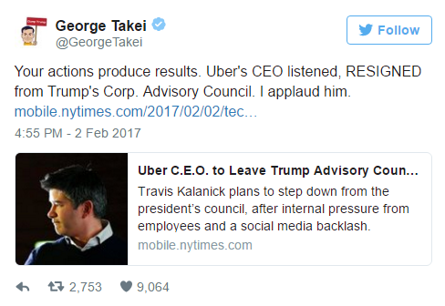 Celebrities applaud Travis Kalanick for quitting his ties to Trump's economic advisory council - Uber CEO Kalanick quits Trump's advisory panel