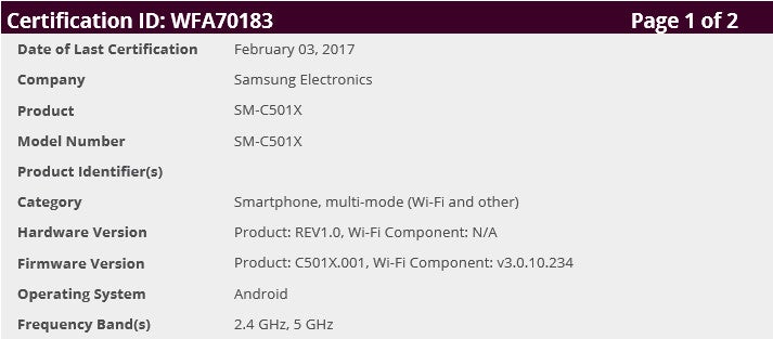 Samsung Galaxy C5 Pro Wi-Fi certification - Samsung Galaxy C5 Pro could be launched globally