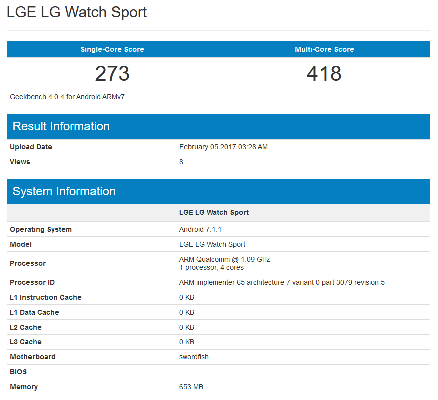 LG Watch Sport surfaces on Geekbench - LG Watch Sport appears on Geekbench