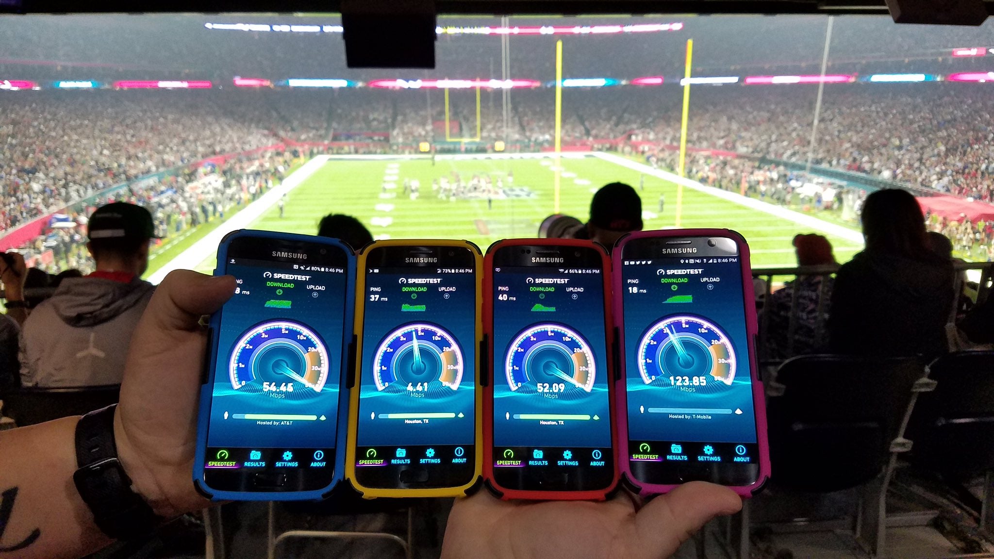 T-Mobile's CTO poses with AT&amp;T, Sprint, Verizon and T-Mobile momentous Speedtest results at the Super Bowl - T-Mobile trolls Verizon, AT&T and Sprint again, hits highest LTE speeds at the Super Bowl LI