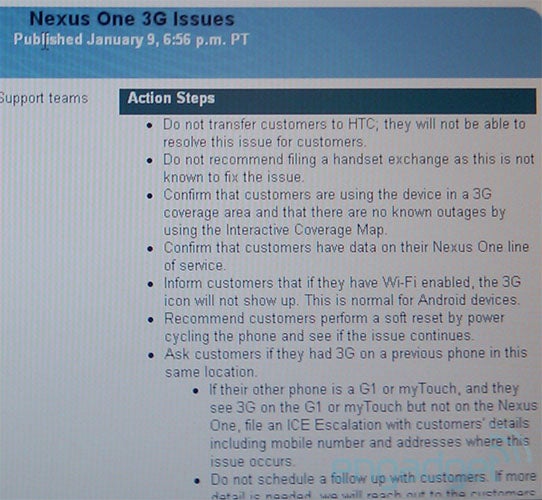 T-Mobile reps given troubleshooting tips for Nexus One&#039;s 3G problems