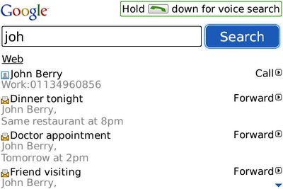 Latest Google Mobile App for BlackBerry enables contacts and email search