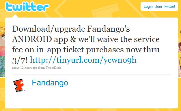 Fandango waives fee on movie tickets purchased through Android app