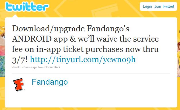 Fandango waives fee on movie tickets purchased through Android app