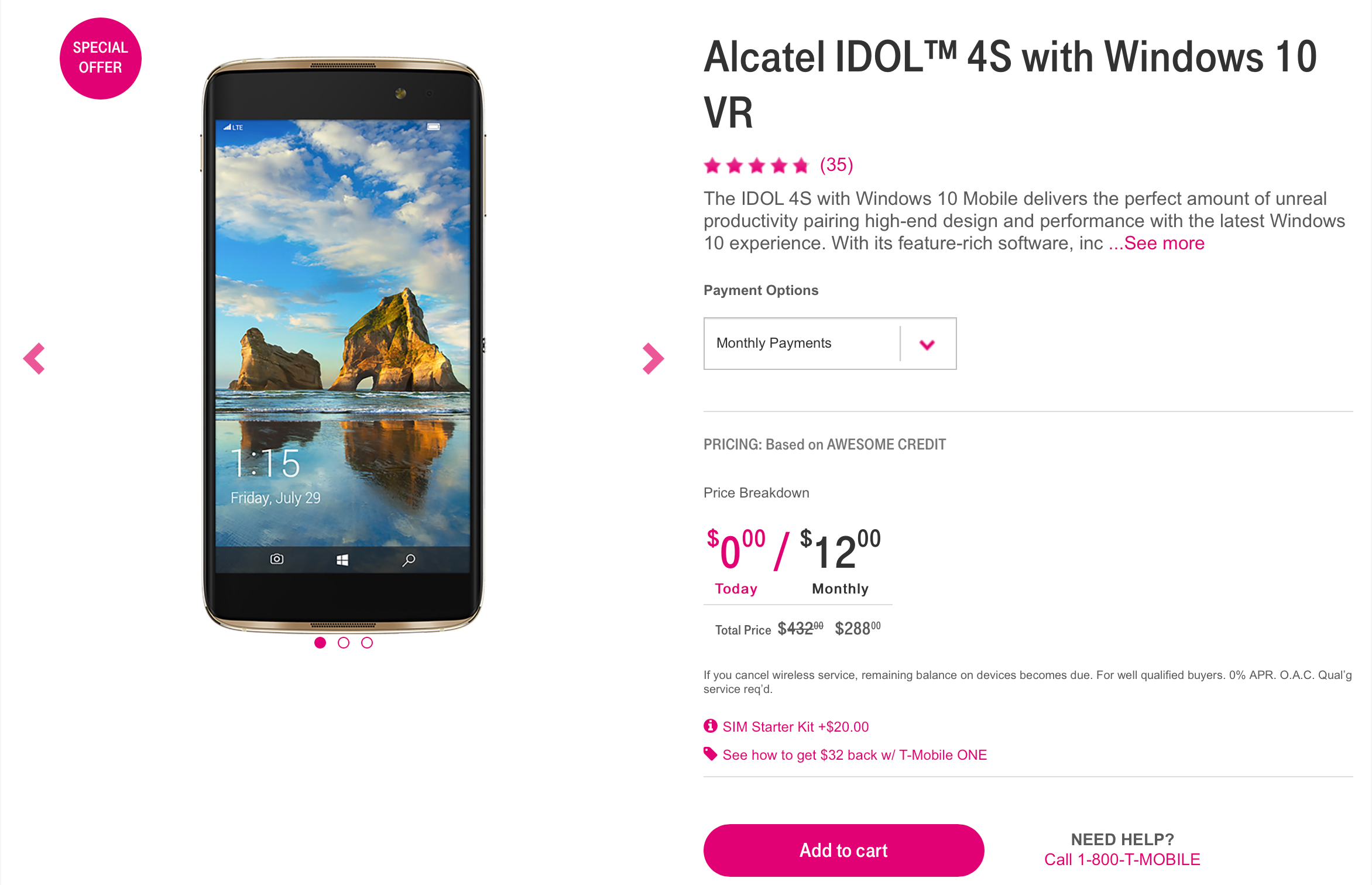 The Alcatel Idol 4S with Windows 10 now costs just $288 (or $12/month) on T-Mobile